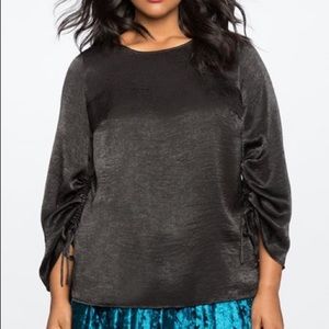 Eloquii Black Satin Top with Ruched Sleeves